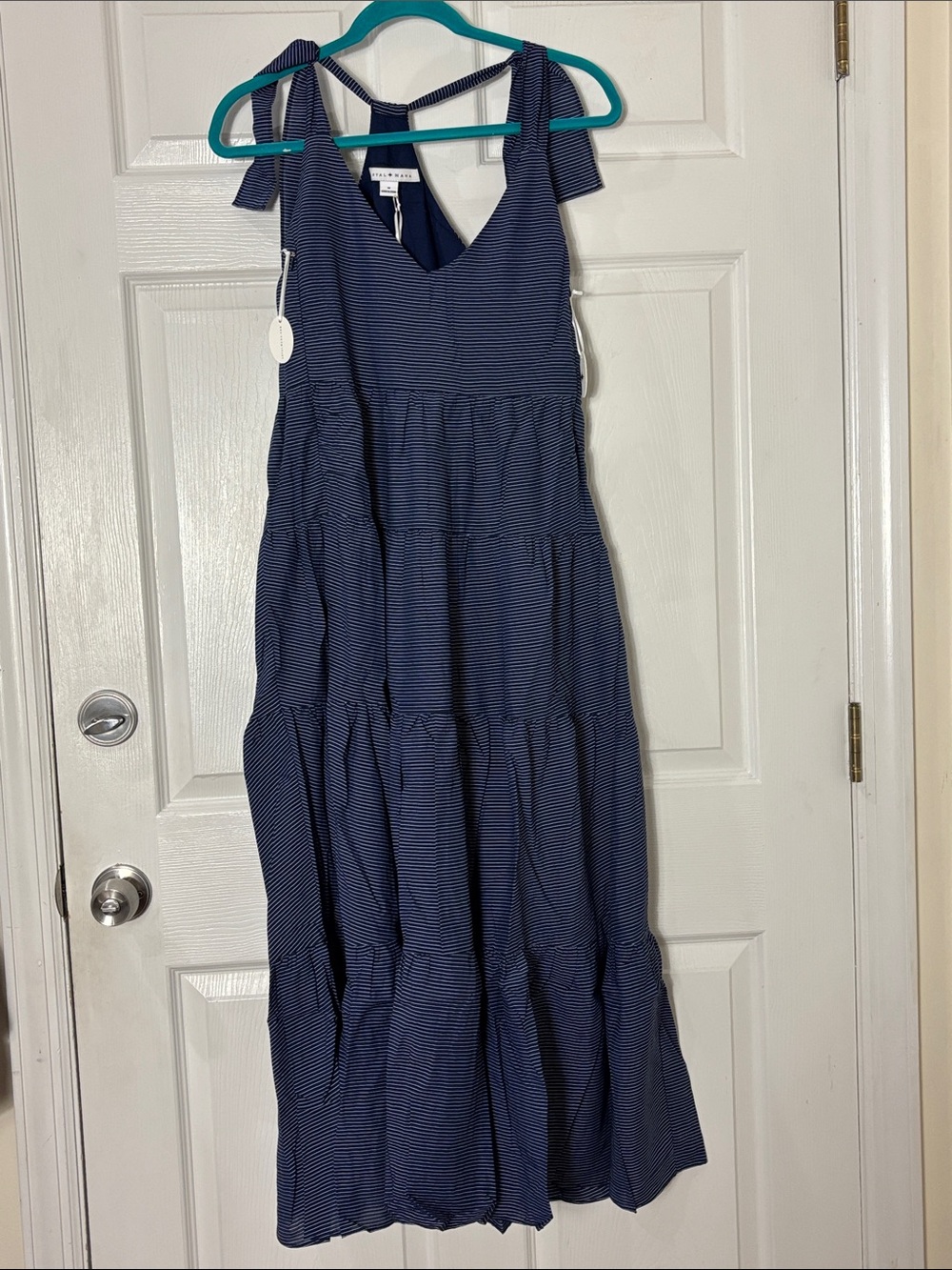 Loyal Hana Rio Dress Tie-Shoulder Navy Striped Maxi maternity breastfeeding sz M